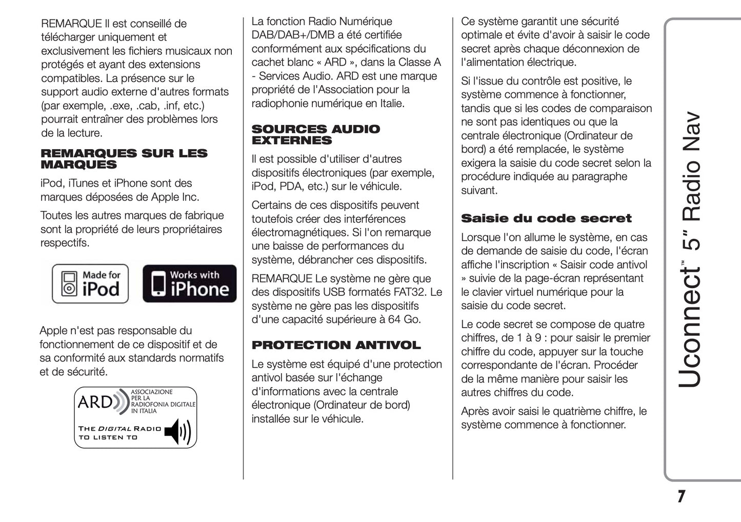Fiat Ducato Uconnect 5 Radio Nav Guide d'instructions 2014 - 2018