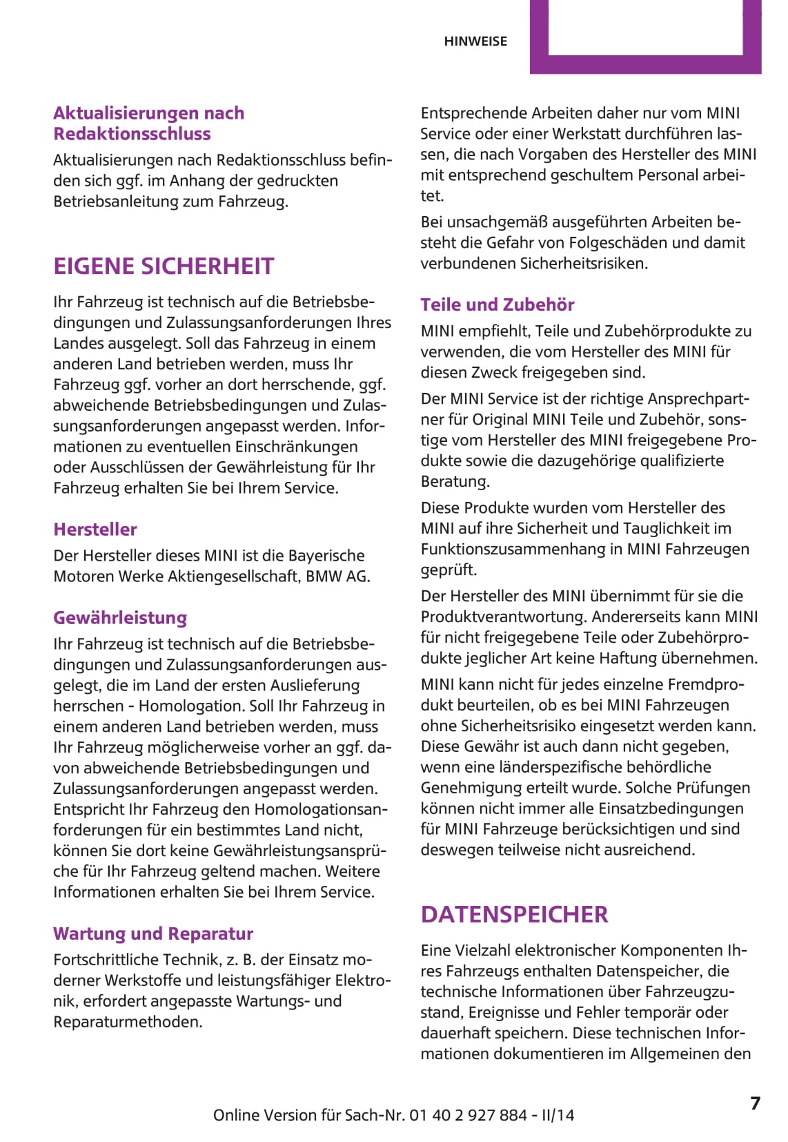 2014-2018 Mini Mini Bedienungsanleitung | Deutsch