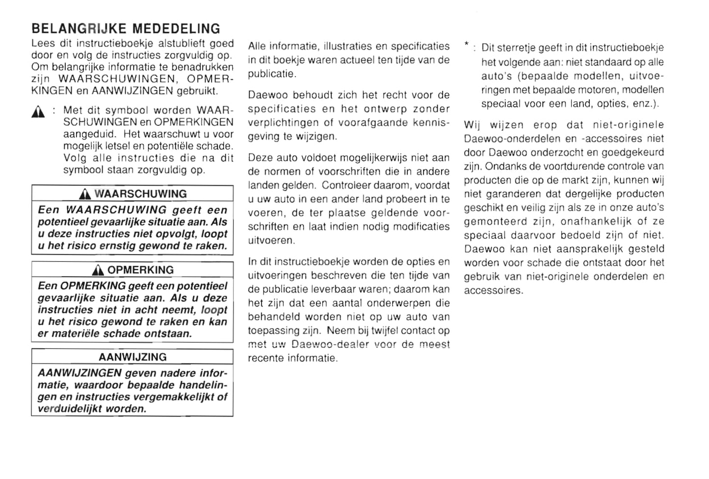1997-2002 Daewoo Leganza Owner's Manual | Dutch