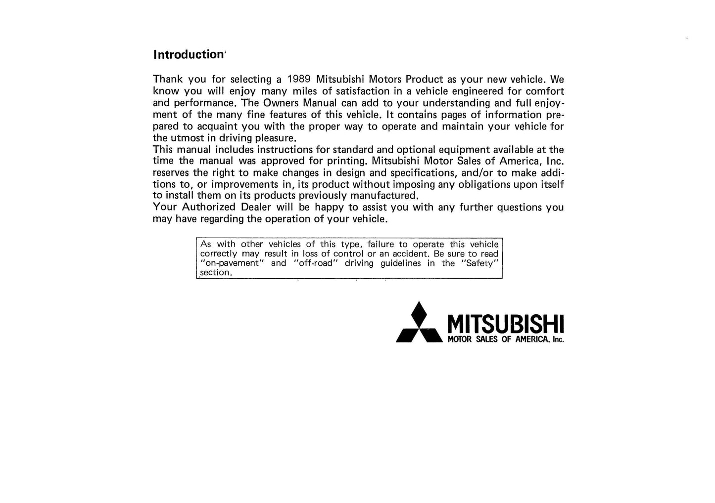 1989 Mitsubishi Montero Owner's Manual | English
