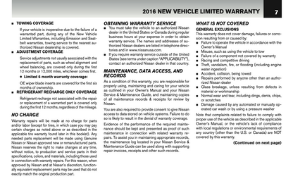 2016 Nissan GT-R Warranty Information Booklet Supplement Manual | English