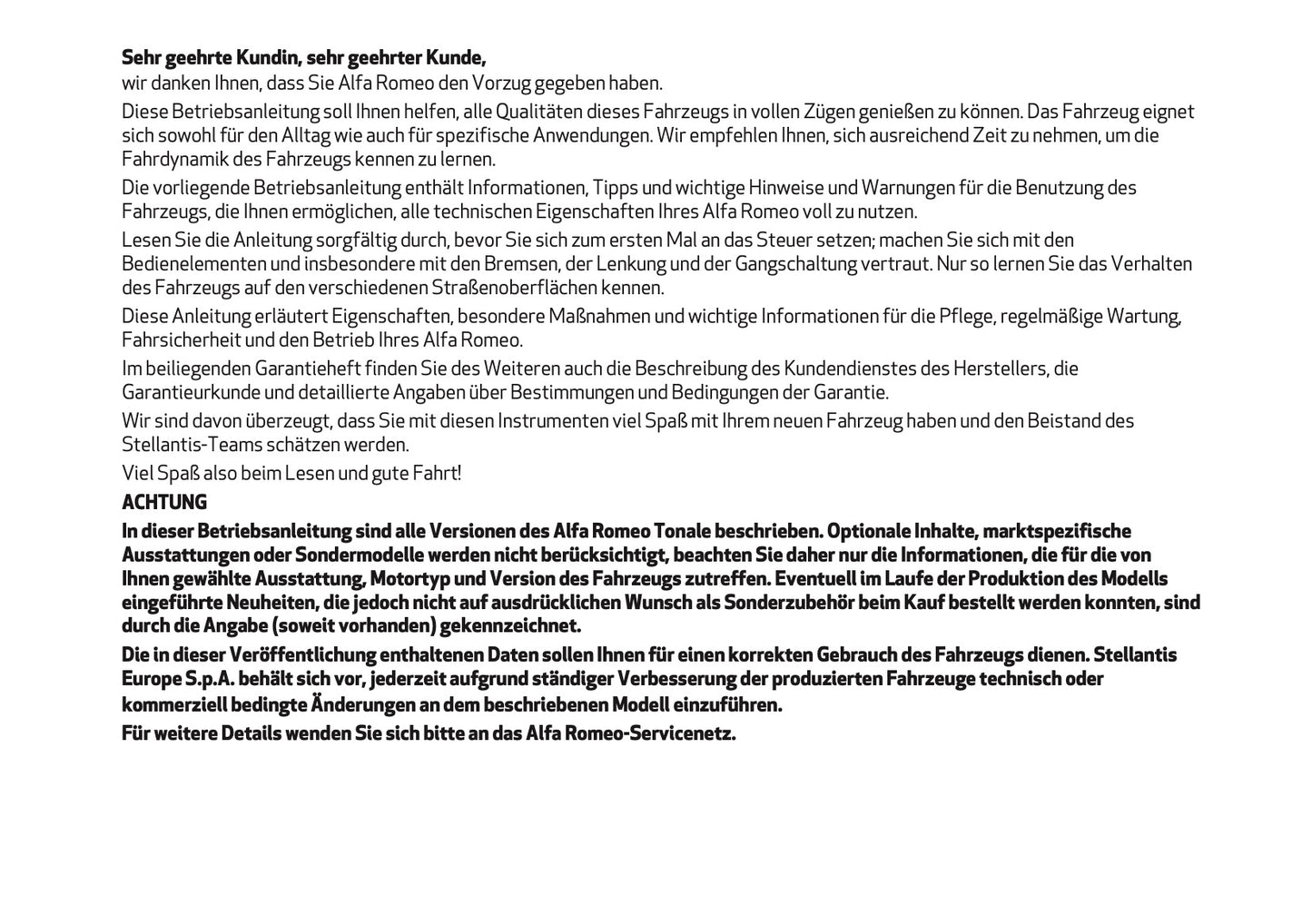 2024-2025 Alfa Romeo Tonale Bedienungsanleitung | Deutsch