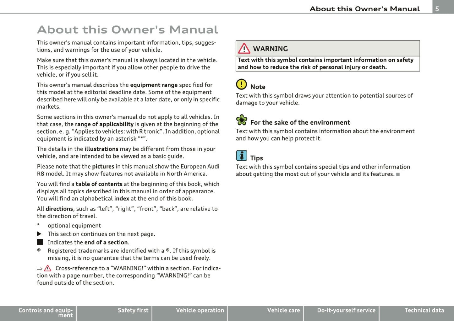 2010 Audi R8 Owner's Manual | English US