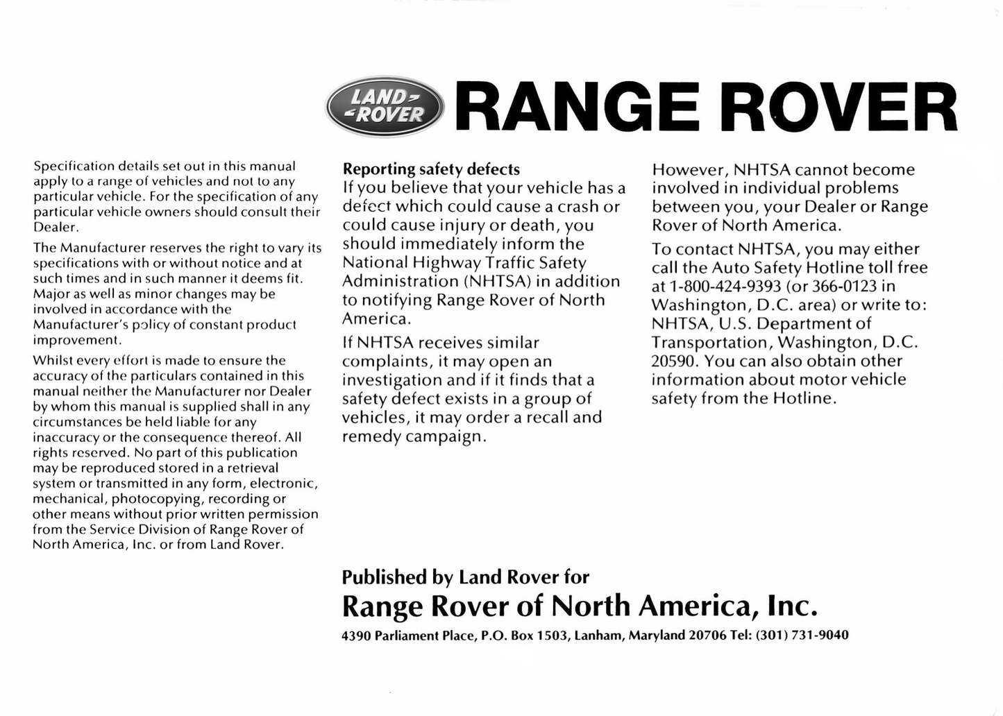 1993 Land Rover Range Rover Owner's Manual | English