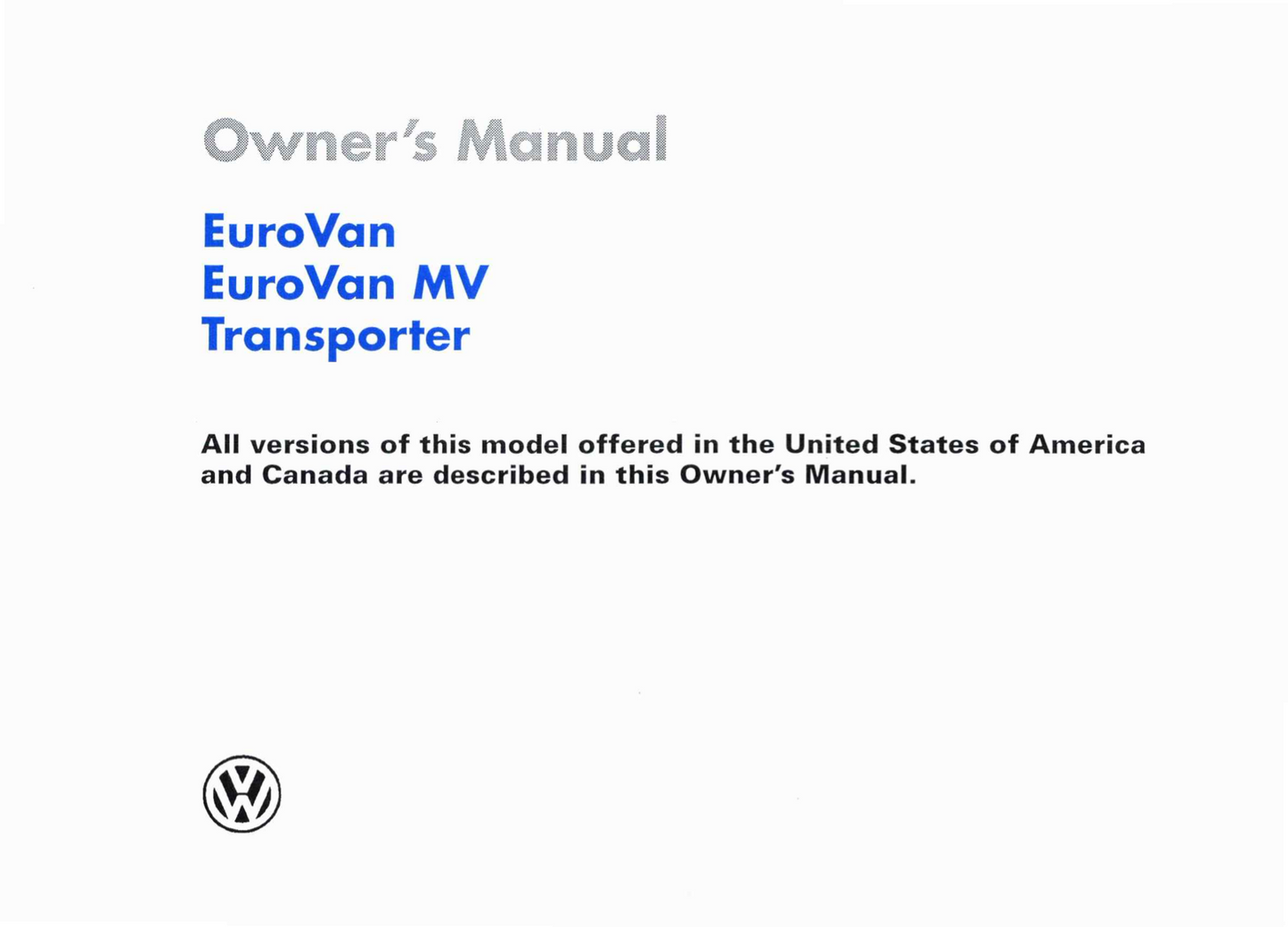 1999 Volkswagen EuroVan Owner's Manual | English