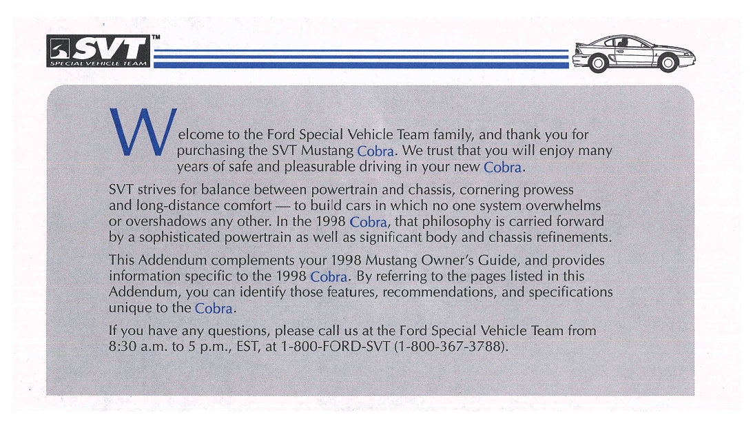 1998 Ford Mustang SVT Cobra Supplement Owner's Manual | English