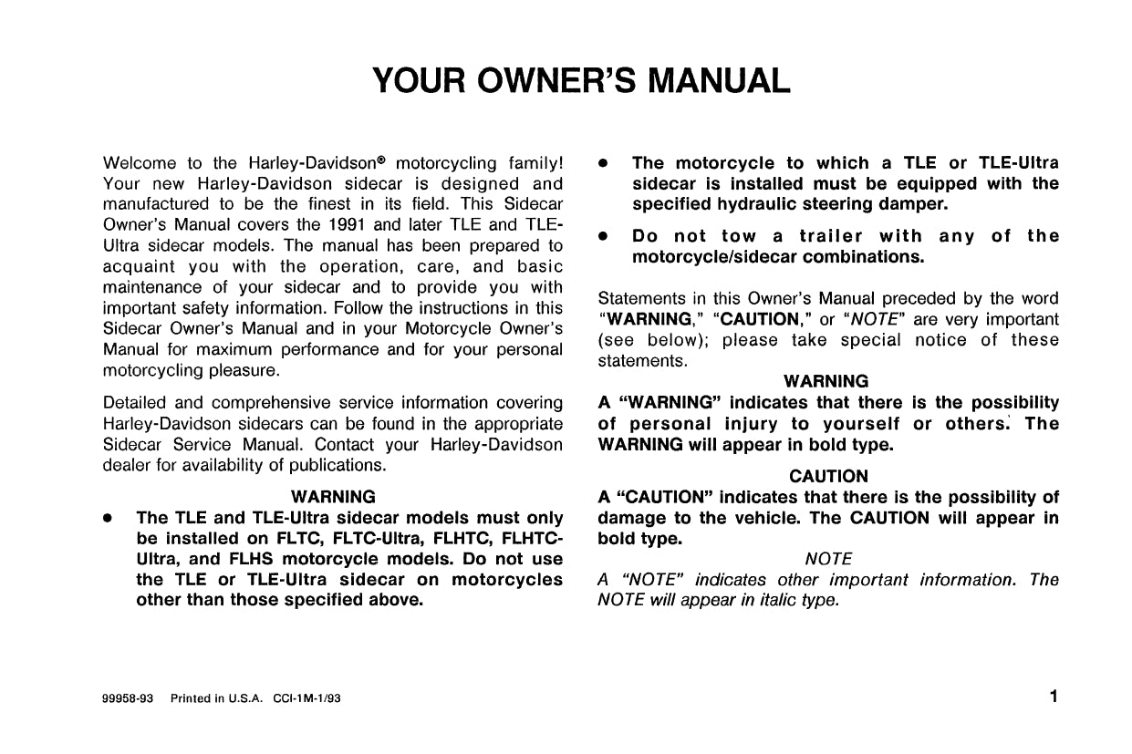 1991 Harley-Davidson TLE/TLE-Ultra Sidecar Owner's Manual | English