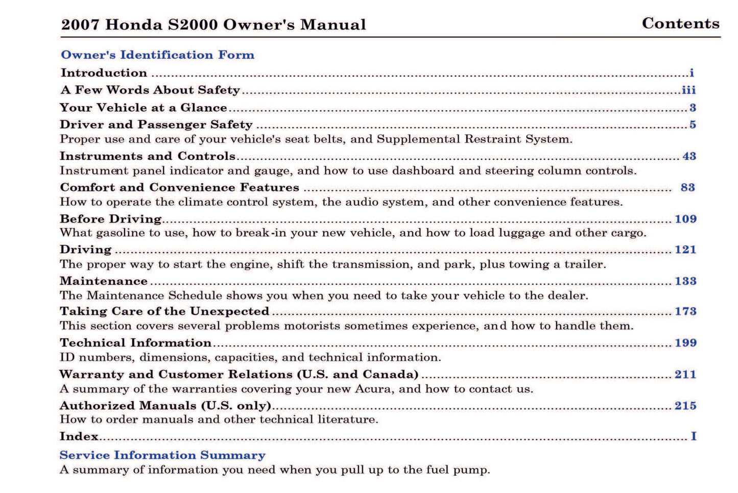 2007 Honda S2000 Owner's Manual | English