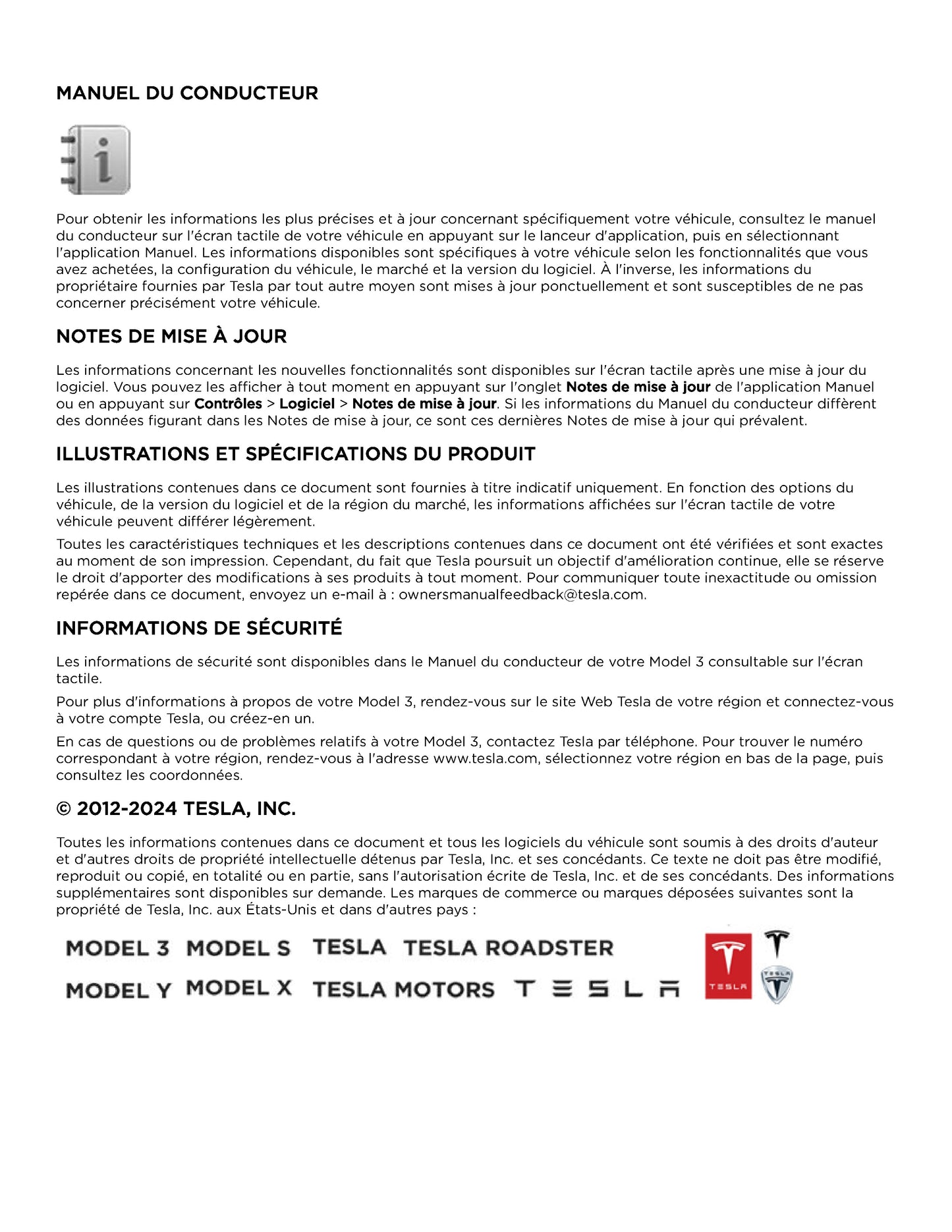 2023-2024 Tesla Model 3 Bedienungsanleitung | Französisch