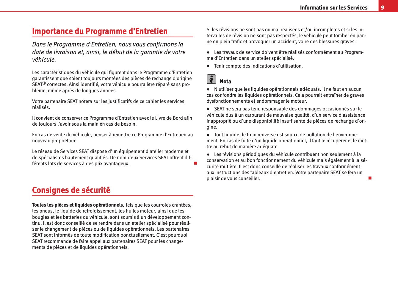 Seat Voitures Particulieres  Procédure d’entretien