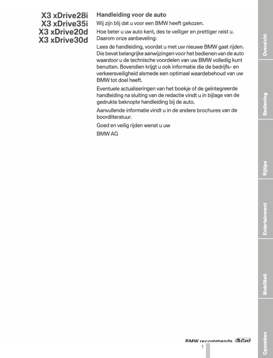 2011-2012 BMW X3 Bedienungsanleitung | Niederländisch