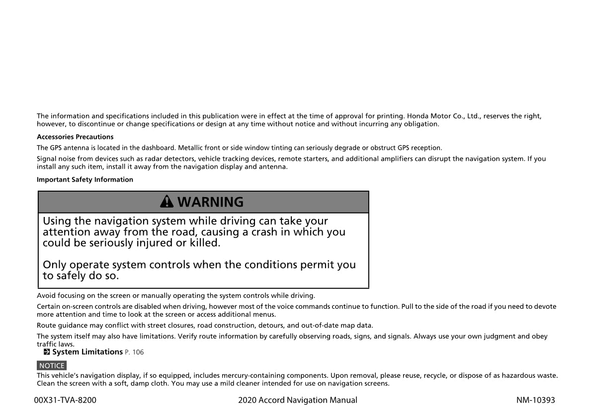 Honda Accord Navigation Owner's Manual 2020