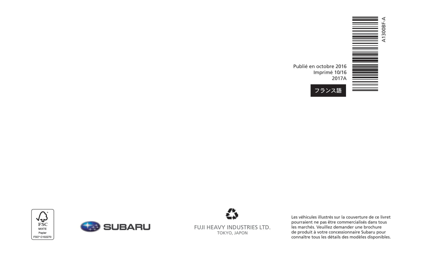 2016-2019 Subaru Impreza Bedienungsanleitung | Französisch