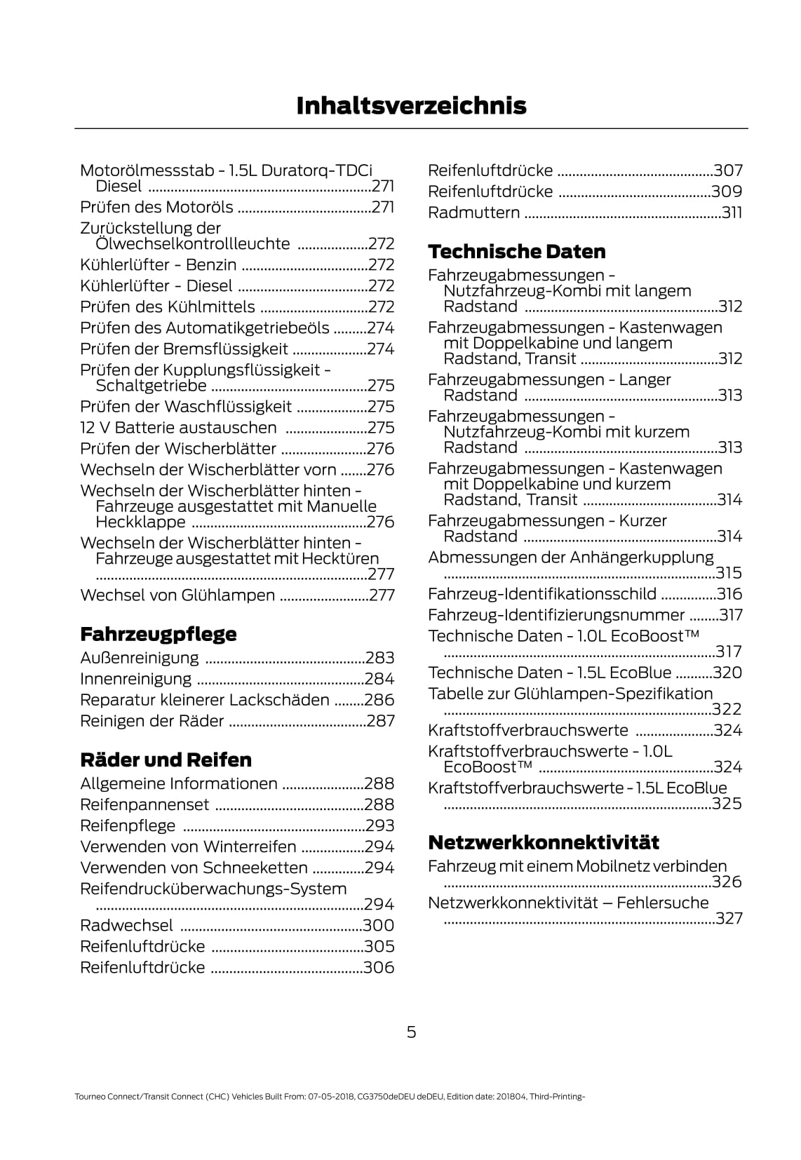 2018-2020 Ford Tourneo Connect / Transit Connect Bedienungsanleitung | Deutsch