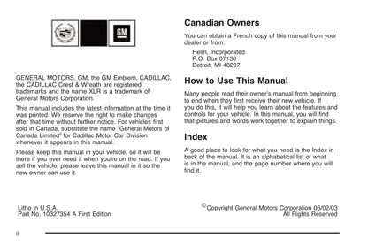 2004 Cadillac XLR Bedienungsanleitung | Englisch
