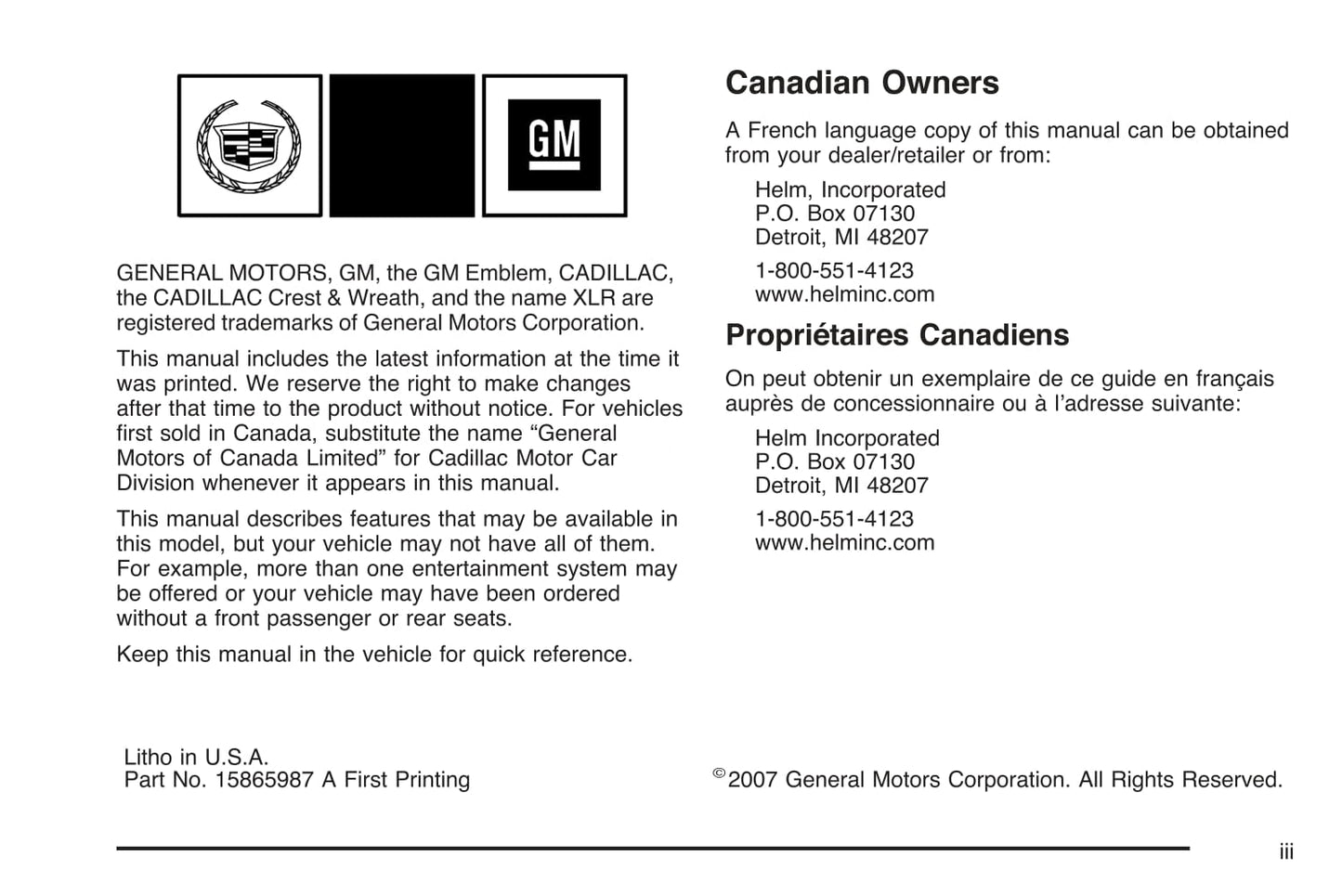 2008 Cadillac XLR/XLR-V Owner's Manual | English