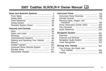 2007 Cadillac XLR/XLR-V Owner's Manual | English